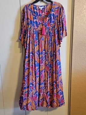 Blue Midi Dress with Pink & Gold Tropical Print and Tassel